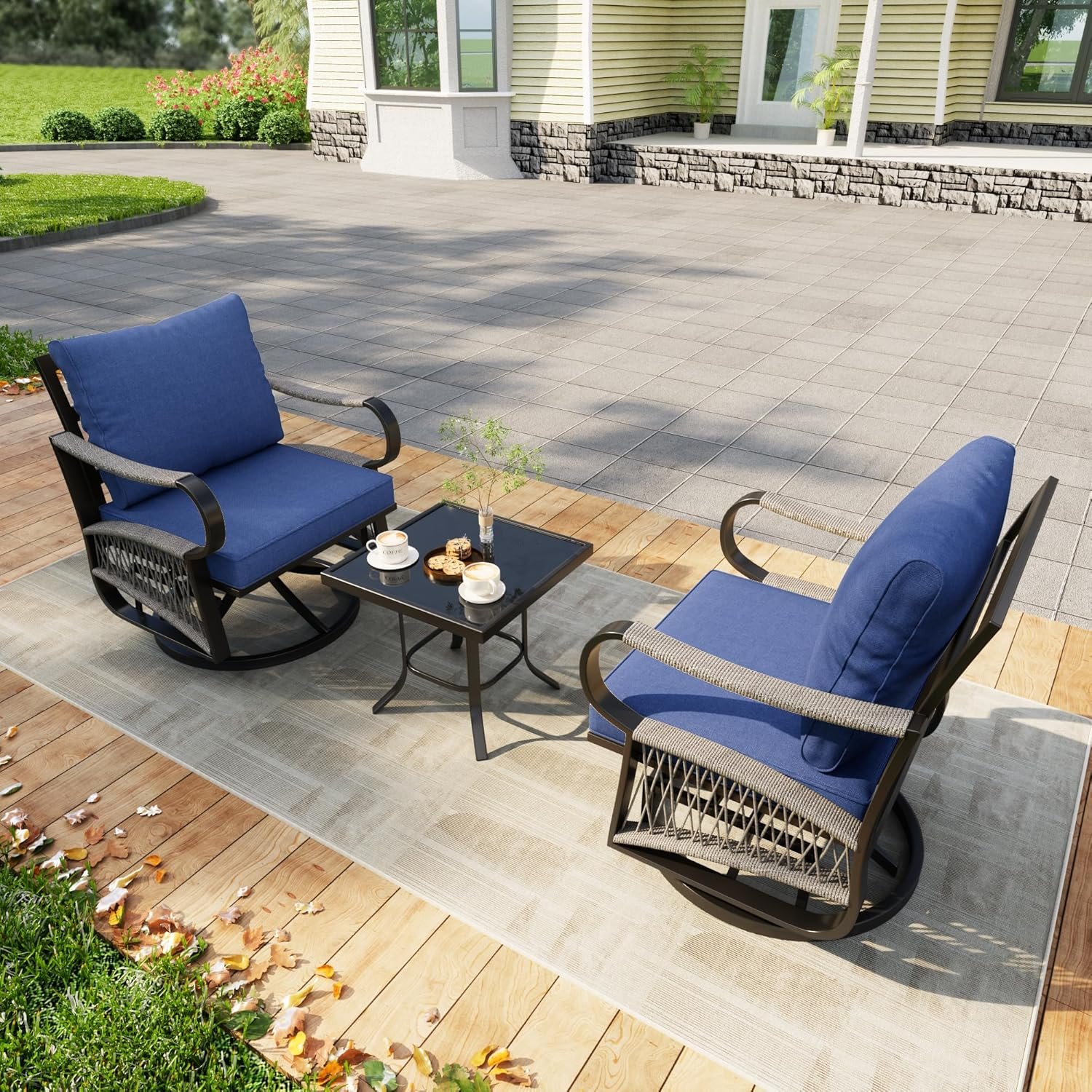 3 Pieces Glider Rocking Chairs, Outdoor Swivel Rocker Chairs with Thick Cushion, Patio Bistro Furniture Set with Side Table, Rope Conversation Sets for Porch Balcony Backyard Deck, Blue Cushions - Image 3