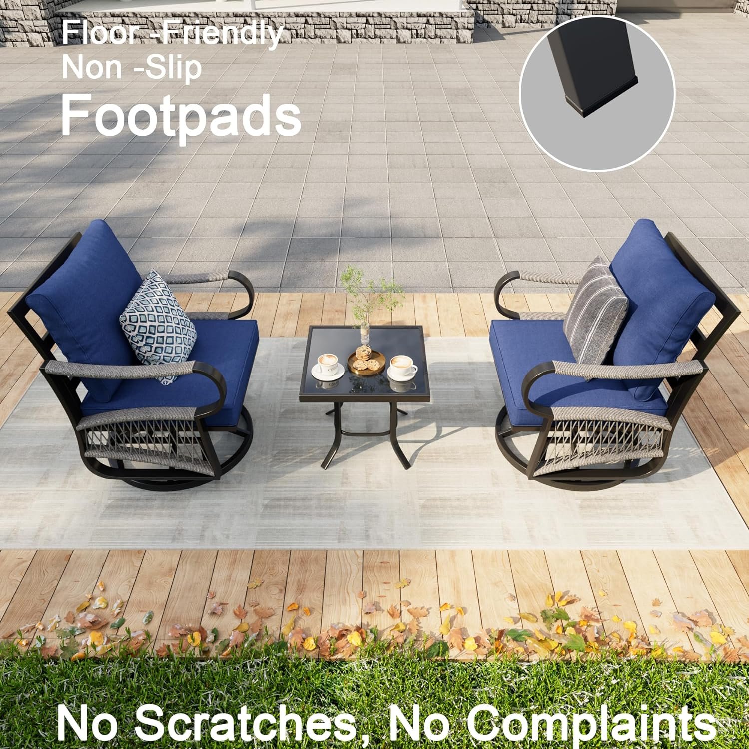 3 Pieces Glider Rocking Chairs, Outdoor Swivel Rocker Chairs with Thick Cushion, Patio Bistro Furniture Set with Side Table, Rope Conversation Sets for Porch Balcony Backyard Deck, Blue Cushions - Image 8