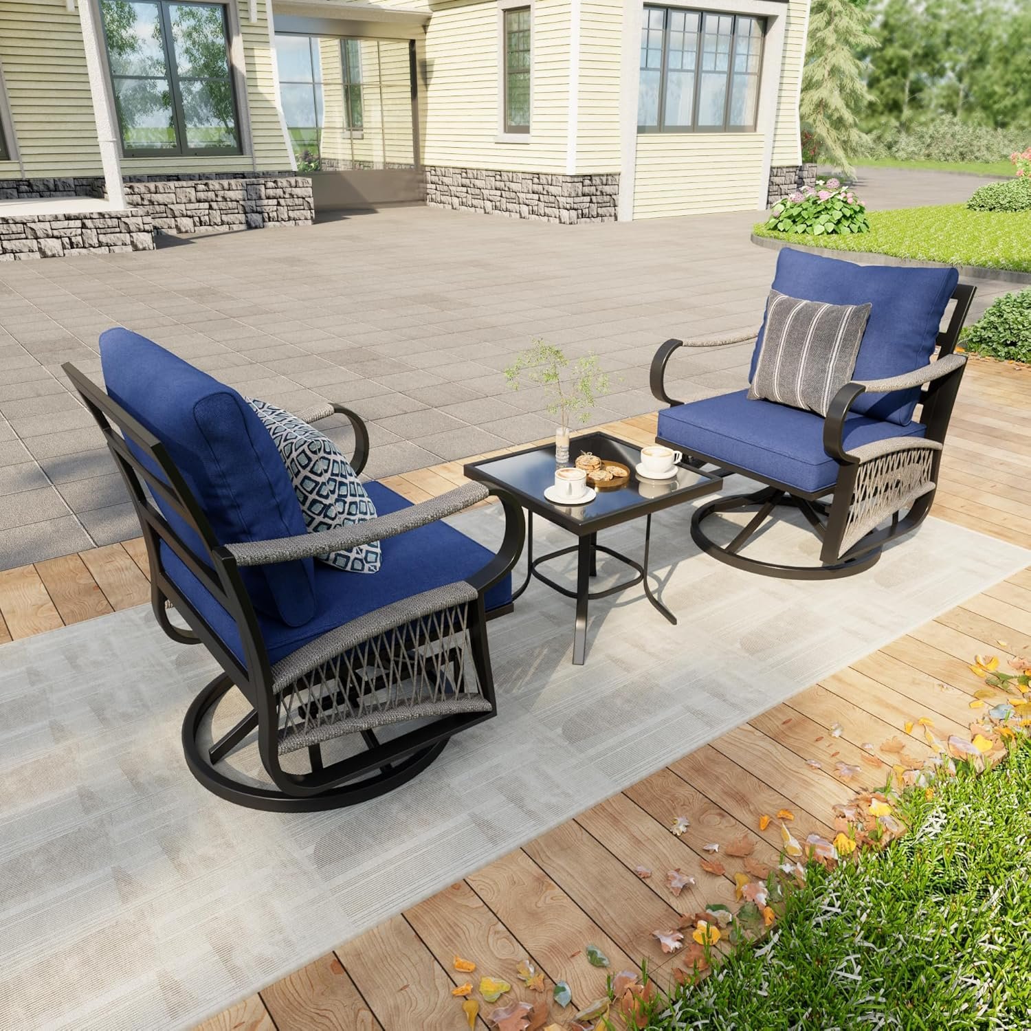 3 Pieces Glider Rocking Chairs, Outdoor Swivel Rocker Chairs with Thick Cushion, Patio Bistro Furniture Set with Side Table, Rope Conversation Sets for Porch Balcony Backyard Deck, Blue Cushions - Image 9