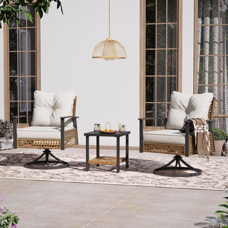 LAUSAINT HOME 3 Pieces Outdoor Rocking Bistro Set, Wicker Patio Furniture with 2 Rocking Chairs and 1 Coffee Table, Swivel Rocker Patio Chairs with Thickened Cushions for Porch, Backyard (Beige)
