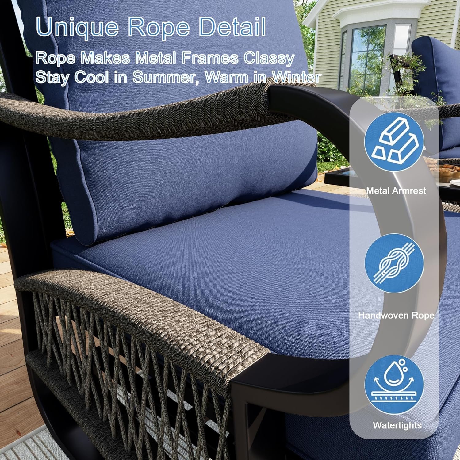 3 Pieces Glider Rocking Chairs, Outdoor Swivel Rocker Chairs with Thick Cushion, Patio Bistro Furniture Set with Side Table, Rope Conversation Sets for Porch Balcony Backyard Deck, Blue Cushions - Image 5