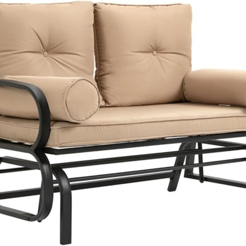 2-Person Outdoor Garden Chair - Terrace Swing Style Double Sofa with Full Cushion and Pillow armrests (Black Frame, Khaki Fabric)